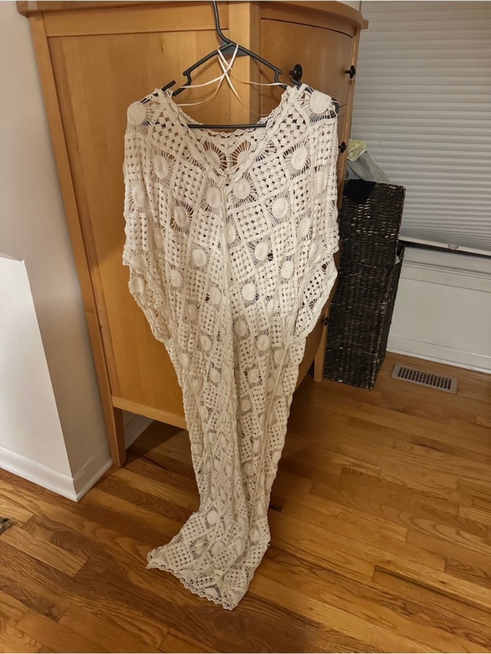 New Anthropologie Crochet Woven Knit Boho Cream Kaftan Kimono Cover Up Dress S - Picture 3 of 4